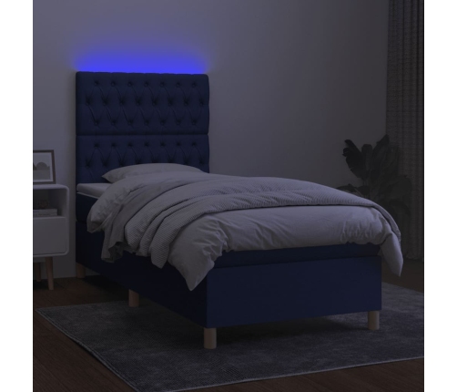 Cama box spring colchón y luces LED tela azul 100x200 cm