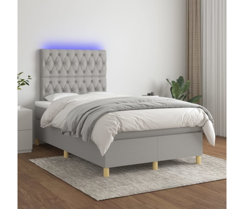 Cama box spring con colchón tela y LED gris claro 120x200 cm