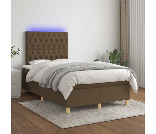 Cama box spring con colchón y LED tela marrón oscuro 120x200 cm