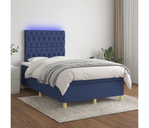 vidaXL Cama box spring con colchón y LED tela azul 120x200 cm