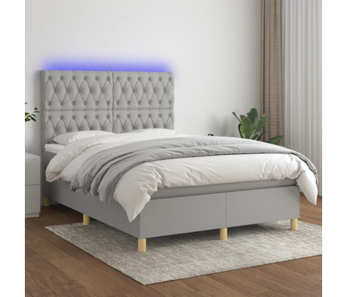 Cama box spring colchón y luces LED tela gris claro 140x190 cm