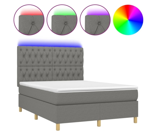 Cama box spring colchón y luces LED tela gris oscuro 140x190 cm