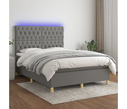 Cama box spring colchón y luces LED tela gris oscuro 140x190 cm