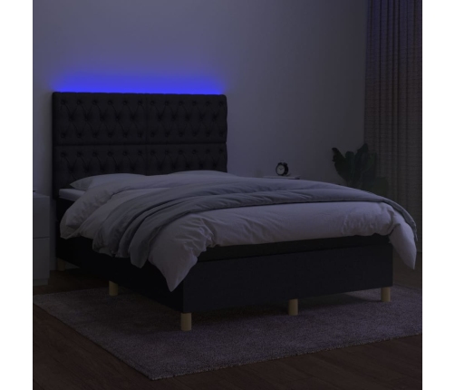 Cama box spring colchón y luces LED tela negro 140x190 cm