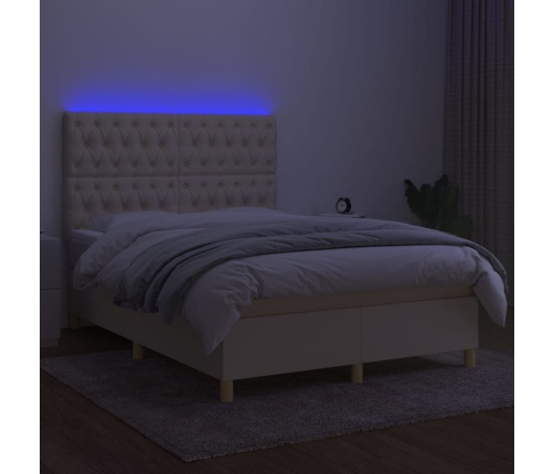 Cama box spring colchón y luces LED tela crema 140x190 cm