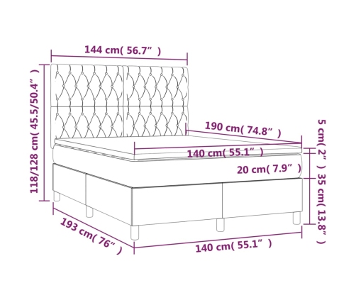 Cama box spring colchón y luces LED tela crema 140x190 cm