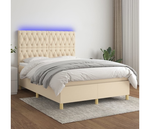 Cama box spring colchón y luces LED tela crema 140x190 cm