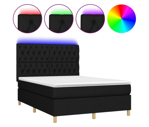 Cama box spring colchón y luces LED tela negro 140x200 cm