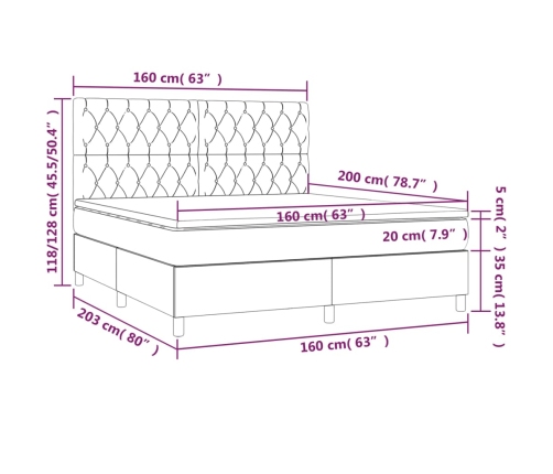 Cama box spring colchón y luces LED tela gris claro 160x200 cm