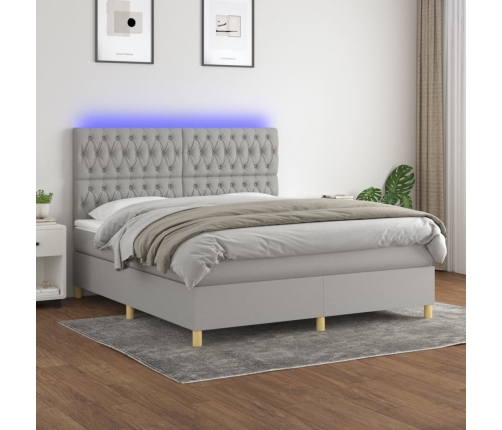 Cama box spring colchón y luces LED tela gris claro 160x200 cm