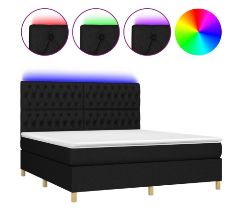 Cama box spring colchón y luces LED tela negro 160x200 cm