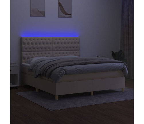 Cama box spring colchón y luces LED tela crema 160x200 cm