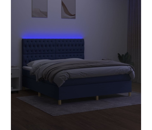 Cama box spring colchón y luces LED tela azul 160x200 cm