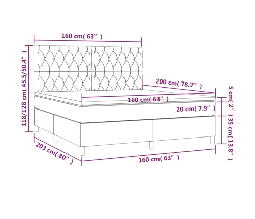 Cama box spring colchón y luces LED tela azul 160x200 cm