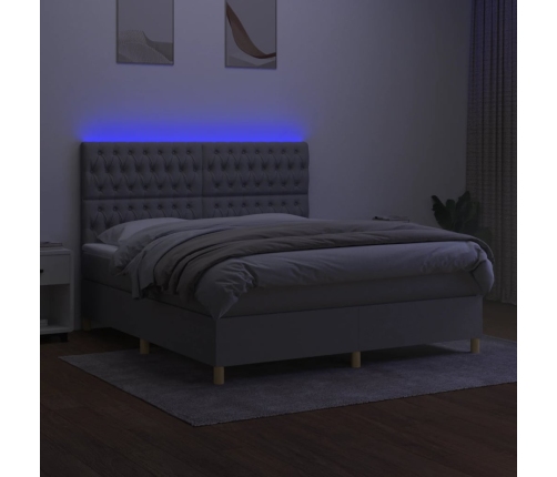 Cama box spring colchón y luces LED tela gris claro 180x200 cm