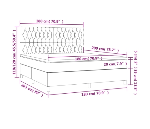 Cama box spring colchón y luces LED tela gris claro 180x200 cm