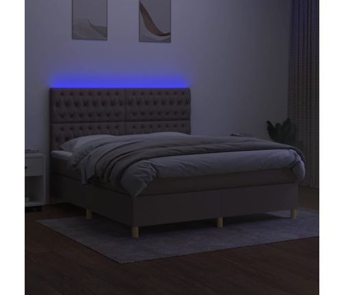 Cama box spring colchón y luces LED tela gris taupe 180x200 cm