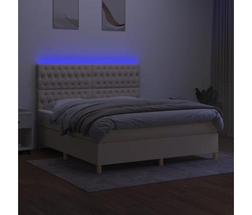 Cama box spring colchón y luces LED tela crema 180x200 cm