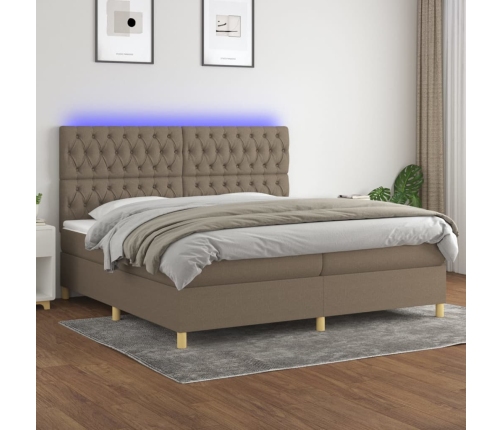 Cama box spring colchón y luces LED tela gris taupe 200x200 cm