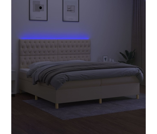 Cama box spring colchón y luces LED tela crema 200x200 cm