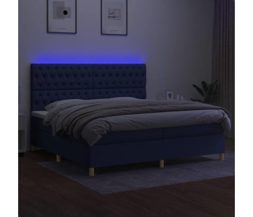 Cama box spring colchón y luces LED tela azul 200x200 cm