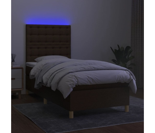 Cama box spring colchón y luces LED tela marrón oscuro 80x200cm