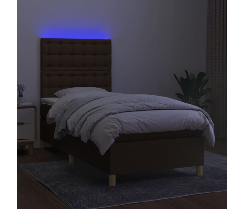 Cama box spring colchón y luces LED tela marrón oscuro 90x190cm