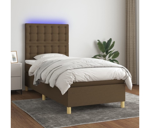 Cama box spring colchón y luces LED tela marrón oscuro 90x190cm