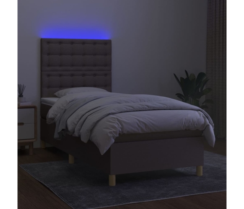 Cama box spring colchón y luces LED tela gris taupe 90x190 cm