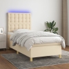 Cama box spring colchón y luces LED tela color crema 90x190 cm