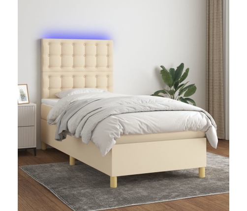 Cama box spring colchón y luces LED tela color crema 90x190 cm