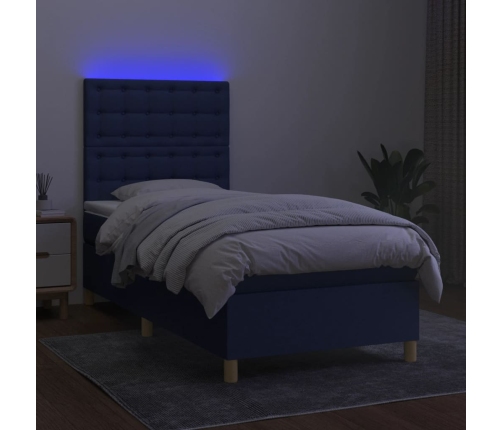 Cama box spring colchón y luces LED tela azul 90x190 cm