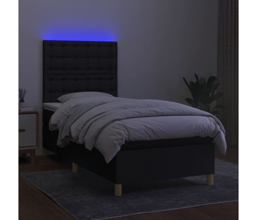 Cama box spring colchón y luces LED tela negro 90x200 cm