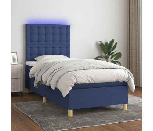 Cama box spring colchón y luces LED tela azul 90x200 cm