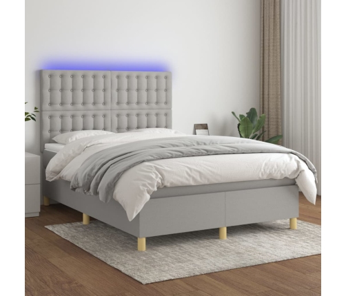 Cama box spring colchón y luces LED tela gris claro 140x190 cm