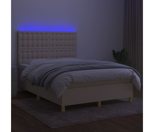 Cama box spring colchón y luces LED tela crema 140x190 cm