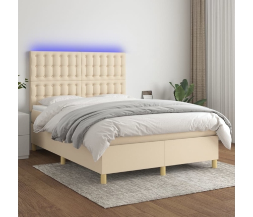 Cama box spring colchón y luces LED tela crema 140x190 cm