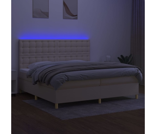 Cama box spring colchón y luces LED tela crema 200x200 cm