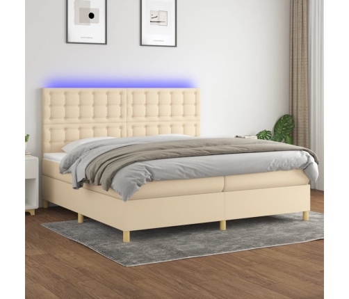 Cama box spring colchón y luces LED tela crema 200x200 cm