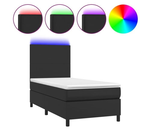 Cama box spring y colchón LED cuero sintético negro 80x200 cm