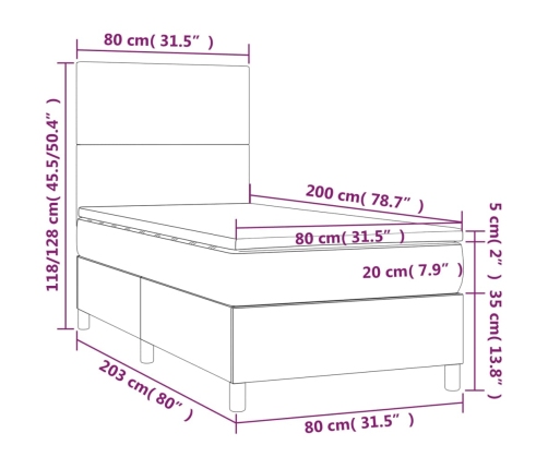 Cama box spring y colchón LED cuero sintético blanco 80x200 cm