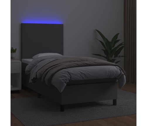 vidaXL Cama box spring y colchón LED cuero sintético gris 90x200 cm