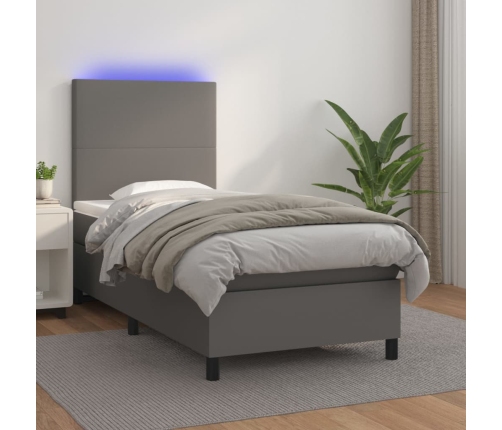 vidaXL Cama box spring y colchón LED cuero sintético gris 90x200 cm