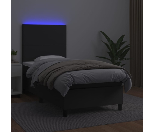 Cama box spring colchón y LED cuero sintético negro 100x200 cm