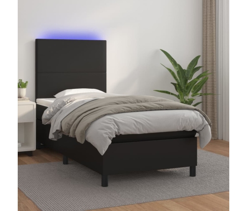 Cama box spring colchón y LED cuero sintético negro 100x200 cm