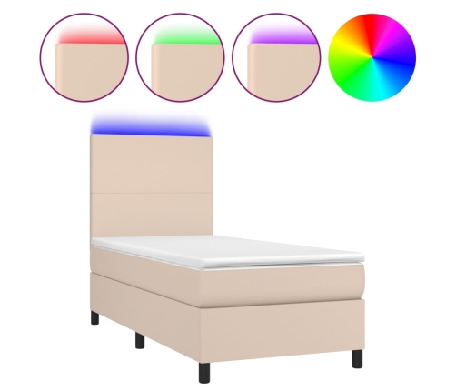 Cama box spring colchón LED cuero sintético capuchino 100x200cm