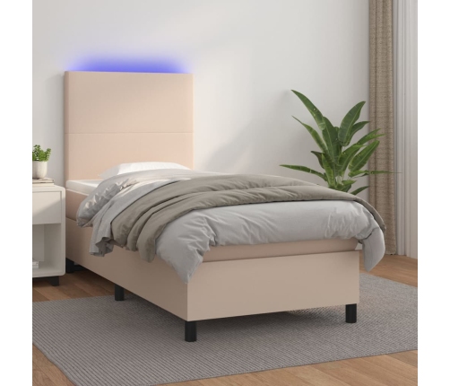 Cama box spring colchón LED cuero sintético capuchino 100x200cm