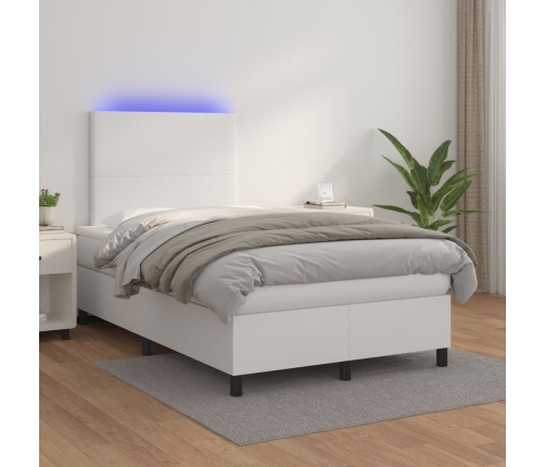 Cama box spring colchón y LED cuero sintético blanco 120x200 cm