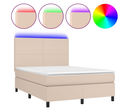 vidaXL Cama box spring colchón LED cuero sintético capuchino 140x190cm