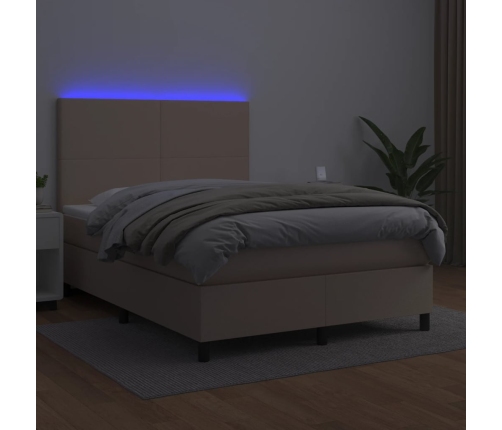 vidaXL Cama box spring colchón LED cuero sintético capuchino 140x190cm